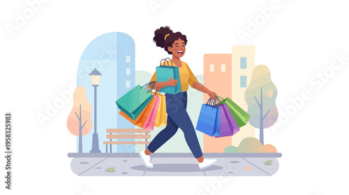 Happy woman with shopping bags walking down the street.