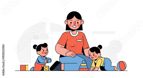 Happy Nanny Playing With Two Cute Children Indoors.