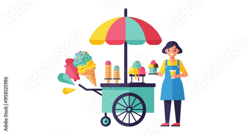 Happy Woman Selling Ice Cream from Colorful Cart.