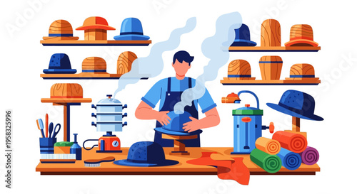 Hatter working in his hat making workshop.