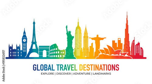 Global Travel Destinations Skyline Silhouette Rainbow Colors.