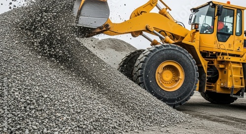 Heavy construction equipment moving gravel at construction site with large bucket loader lifting materials. Heavy machinery moves gravel piles and facilitates construction projects.