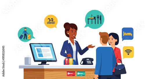 Hotel receptionist assisting guests at the counter.