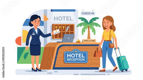 Hotel Receptionist Assisting Tourist with Luggage.