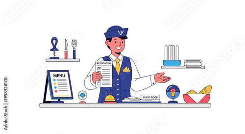 Hotel Receptionist Welcoming Guests with Menu and Information.