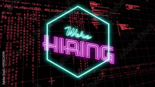 We're Hiring text animation over hexagon shape and red coding background