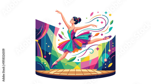 Graceful ballerina performing a dynamic leap on stage.