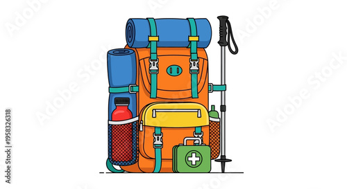 Illustration of a fully packed hiking backpack with accessories.