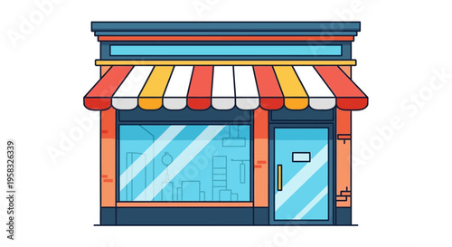 Illustration of a Colorful Storefront with Awning and Large Windows.