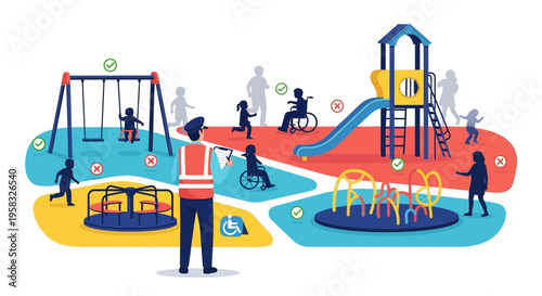 Inclusive playground with diverse children and adults enjoying activities.