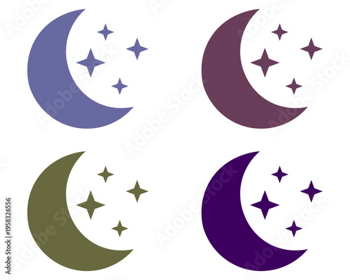 Set of 4 Crescent Moon and Stars Icons in Purple and Olive Green Flat Vector Illustration for Night Sky Design isolated on Transparent Background