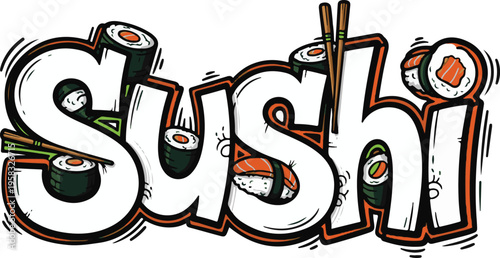 Creative Sushi Typography Illustration with Japanese Food Icons, Maki, Nigiri, and Chopsticks in Cartoon Style