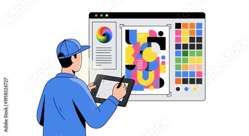 Graphic designer working on digital art using tablet and software interface.