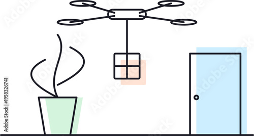 Vector illustration of a drone delivering a package to a room with a plant and door