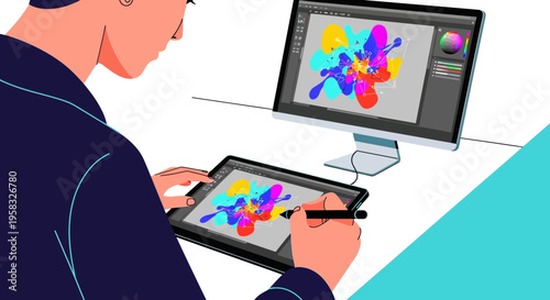 Graphic designer working on digital art with tablet and computer.