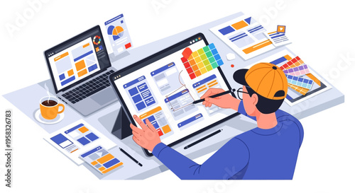 Graphic designer working on digital interface design project.