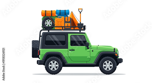 Green Jeep Loaded for Adventure Travel.