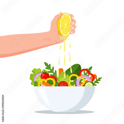 Hand Squeezing Lemon Juice on Fresh Salad Bowl.