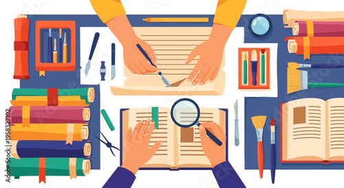 Hands studying books with magnifying glass and pens.