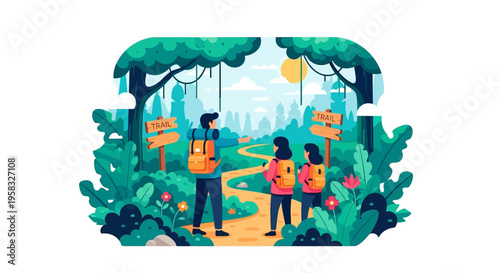 Group of hikers exploring a lush jungle path.