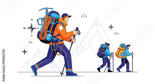 Group of hikers with backpacks and trekking poles.