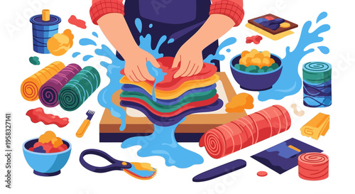 Hands washing colorful fabric in water with soap.