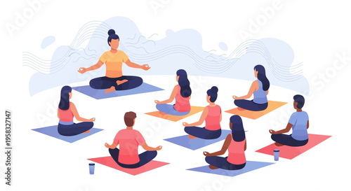 Group of people meditating in a yoga class led by an instructor.