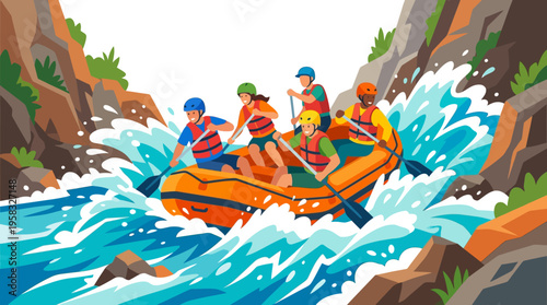 Group of people enjoying white water rafting adventure.