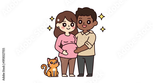 A cartoon illustration of a diverse couple expecting a baby, with a cat, on a white background with sparkles, conveying happiness.