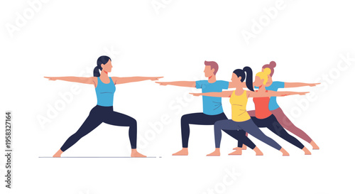 Group of people practicing yoga warrior pose together.