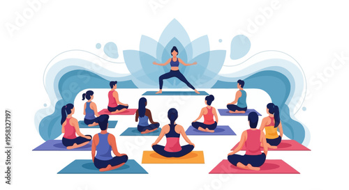 Group Yoga Class with Instructor Leading Poses.