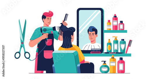 Hairdresser styling client hair with hairdryer and comb.