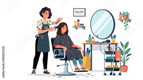 Hairdresser styling clients hair in salon.