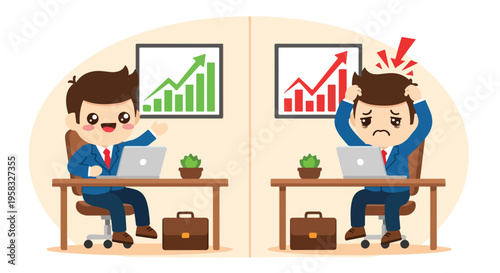 Illustration of two businessmen working at desks with contrasting reactions to stock market graphs on screens behind them in an office setting.