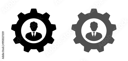 Set of businessman icon inside gear, representing management, operations, and entrepreneurship. Outline and solid versions on transparent background for professional use.