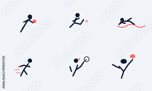 Set of 6 stick figure soccer sports icons vector, running, jumping, playing tennis, badminton