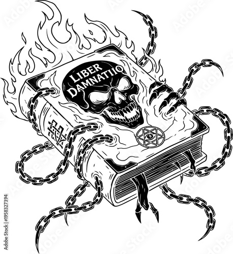 Mysterious Cursed Book Floating With Chains And Flames Occult Symbol Skull Liber Damnatio