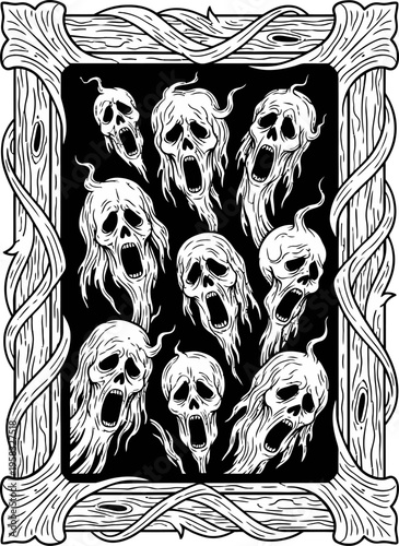 Ornate Frame Surrounds a Collection of Screaming Ghosts on a Black Background