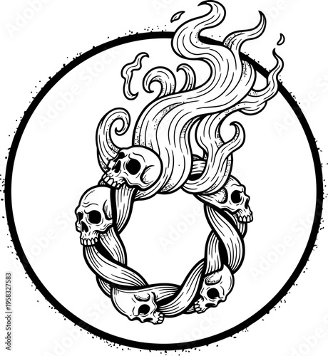 Ring With Skull Engravings And Fire Elements Inside Circle Black And White