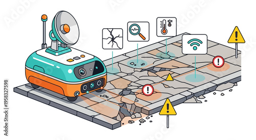 Futuristic Robot Scanning Damaged City Grid with Warning Signs.