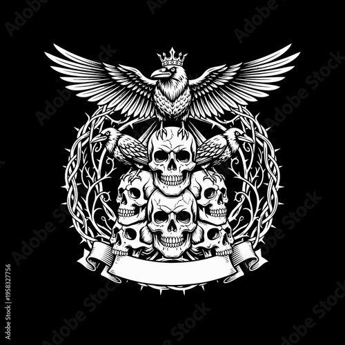 White Raven Crest With Skulls And Thorns On Black Background Artistic Emblem