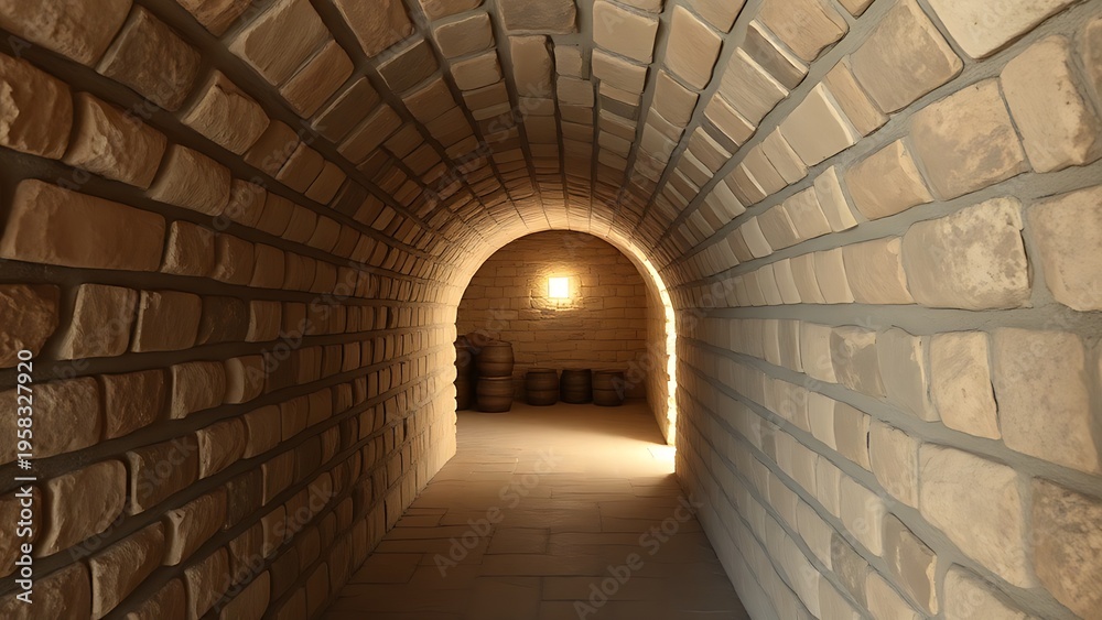 Fototapeta premium spinor. A narrow stone corridor leading to a vaulted storage room with soft interior light. real-estate listings.