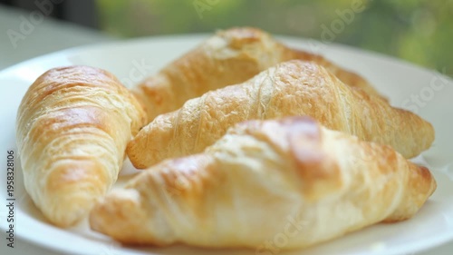 Very Close Up Shot of freshly baked croissants fragrant from the oven Freshly made by the chef is one of the breakfast bakery menus in the hote