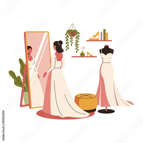 Wedding Bride Trying on Elegant White Dress in a Boutique Fitting Room