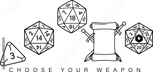 A collection of polyhedral dice and fantasy weapons for an exciting tabletop role playing game adventure