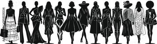 A collection of diverse female fashion silhouettes showcasing various clothing styles and elegant design trends