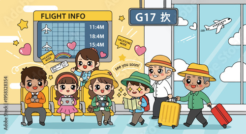 Cartoon illustration of diverse group of travelers with luggage standing by an airport window with a flight information board in the background.