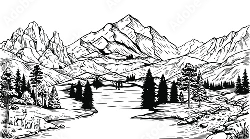 Dramatic black and white illustration of a serene mountain landscape with a lake forest and wildlife