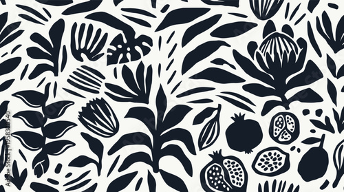 Modern seamless pattern featuring abstract tropical leaves and exotic fruits on a white background