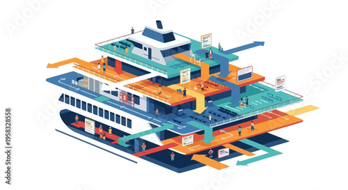 Isometric Cross Section of a Modern Ferry Boat Interior.